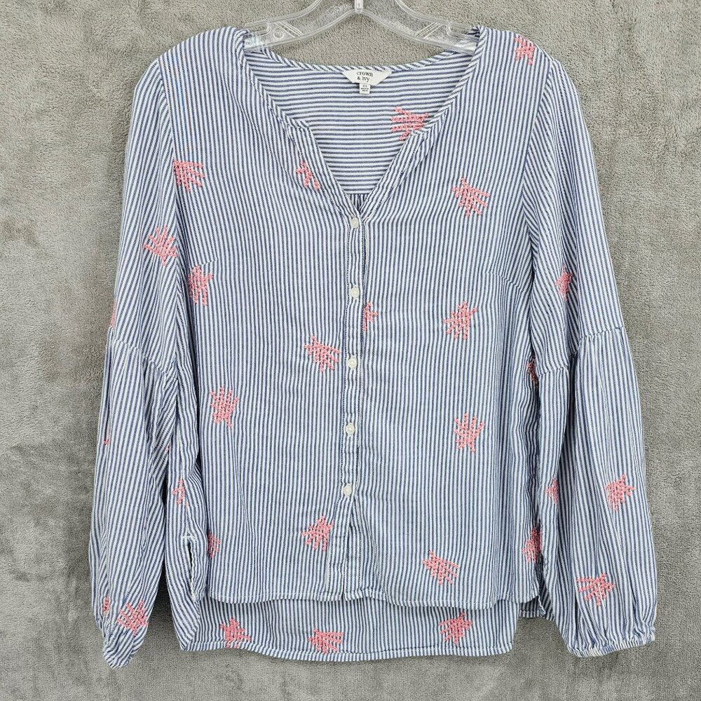 Crown & Ivy Button Front Top XS Blue Pink Stripe Long Sleeve Embroidery Nautical